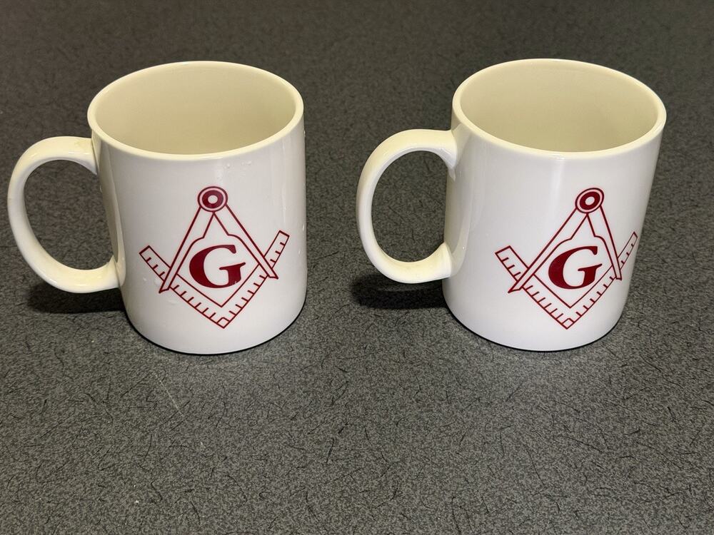 Set of 2 Masonic Freemasonry Square & Compass “G” Ceramic Coffee Mugs 2006 12oz
